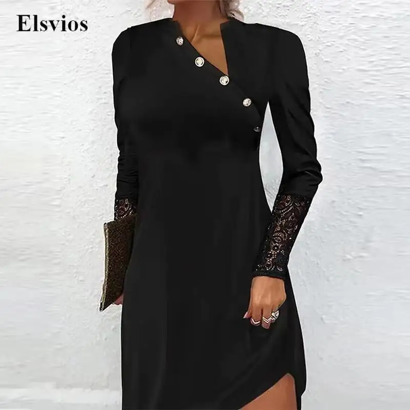 Elegant Office Lady Black Mini Dress Sexy Irregular V Neck Button Pullover Dresses Fashion Women Long Sleeve Lace Dress Vestidos
Elegant Office Lady Black Mini Dress Sexy Irregular V Neck Button Pullover Dresses Fashion Women Long Sleeve Lace Dress Vestidos