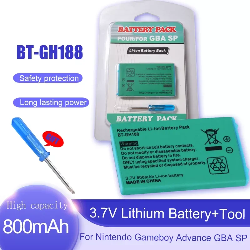 3.7V 800mAh BT-GH188 Li-ion Rechargeable Battery With Tool For Nintendo Game Boy Advance SP Systems Replaceable Battery For GBA
3.7V 800mAh BT-GH188 Li-ion Rechargeable Battery With Tool For Nintendo Game Boy Advance SP Systems Replaceable Battery For GBA