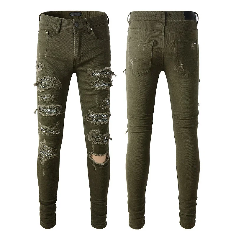 Pants Men's Distressed Denim Casual Streetwear Ripped Skinny Damaged Holes Stretch Destroyed Slim Jeans Army Green Wholesale
Pants Men's Distressed Denim Casual Streetwear Ripped Skinny Damaged Holes Stretch Destroyed Slim Jeans Army Green Wholesale