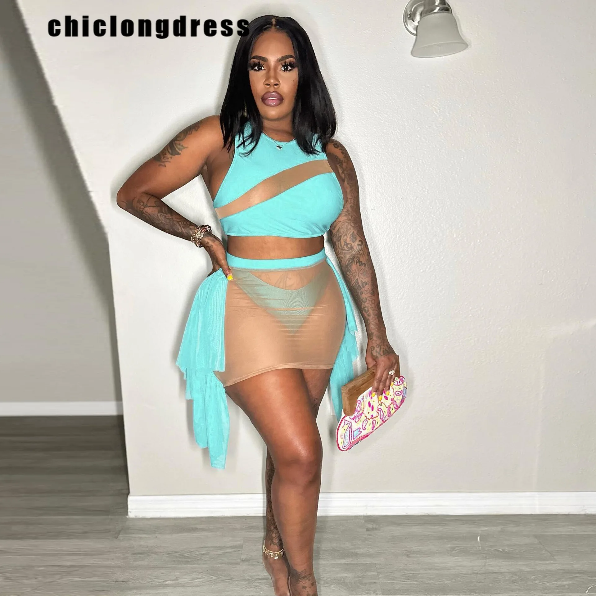 Summer Sexy Nightclub Style Three Piece Set Women Fashion Colored Mesh Perspective Top Ruffle Skirt Three Piece Set Women
Summer Sexy Nightclub Style Three Piece Set Women Fashion Colored Mesh Perspective Top Ruffle Skirt Three Piece Set Women