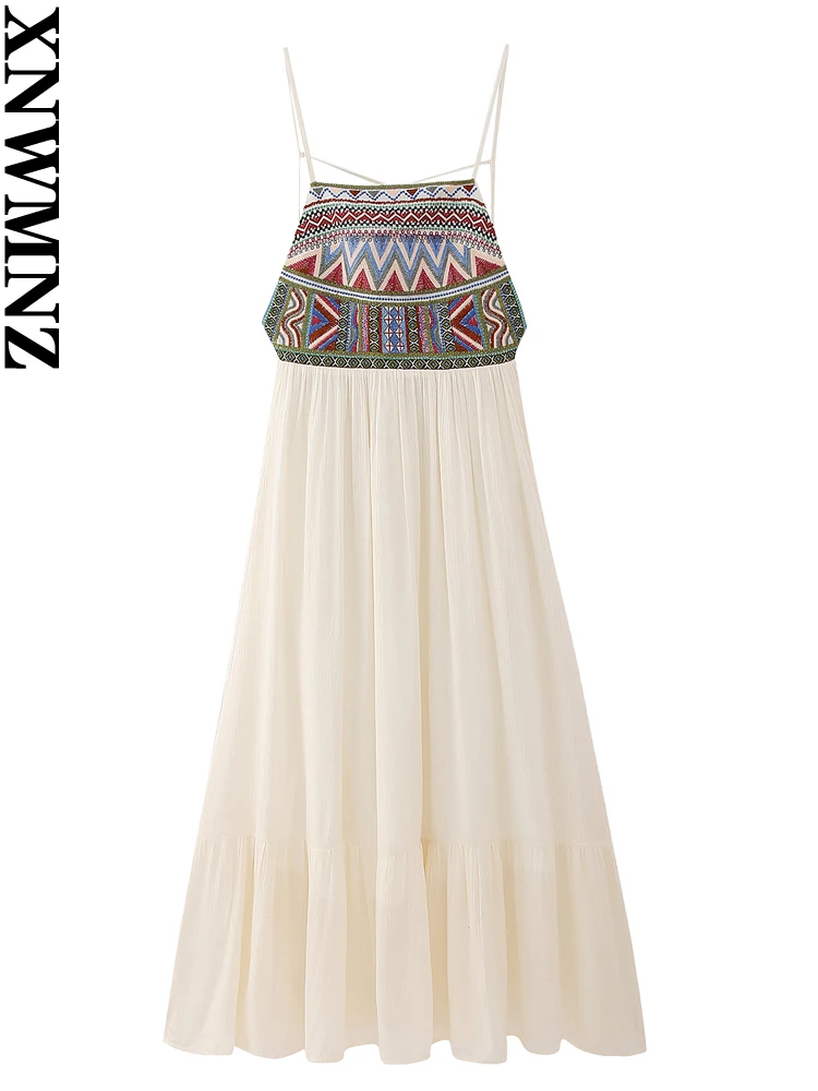 XNWMNZ Women Fashion Contrast Embroidered Beaded dress Woman Ethnic Style Straight Neck Back Tie Female Chic Midi Dress
XNWMNZ Women Fashion Contrast Embroidered Beaded dress Woman Ethnic Style Straight Neck Back Tie Female Chic Midi Dress