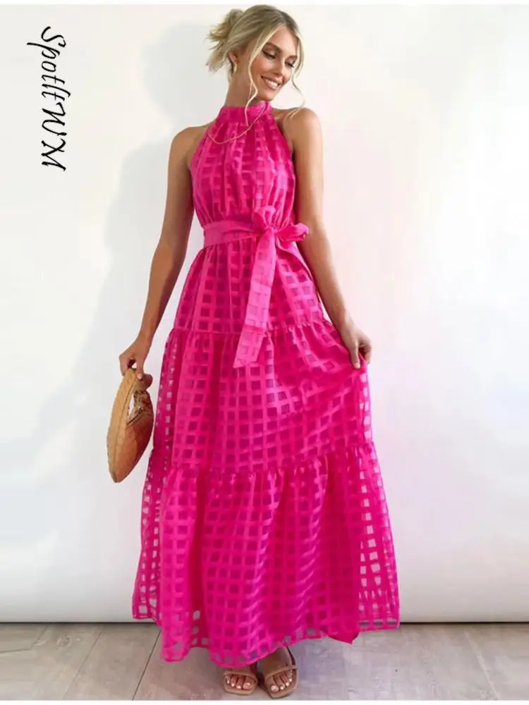 Chic Grid Hollow Long Dress For Women Elegant Halter Sleeveless With Belt Female Dresses 2023Summer Vintage Casual Beach Vestido
Chic Grid Hollow Long Dress For Women Elegant Halter Sleeveless With Belt Female Dresses 2023Summer Vintage Casual Beach Vestido