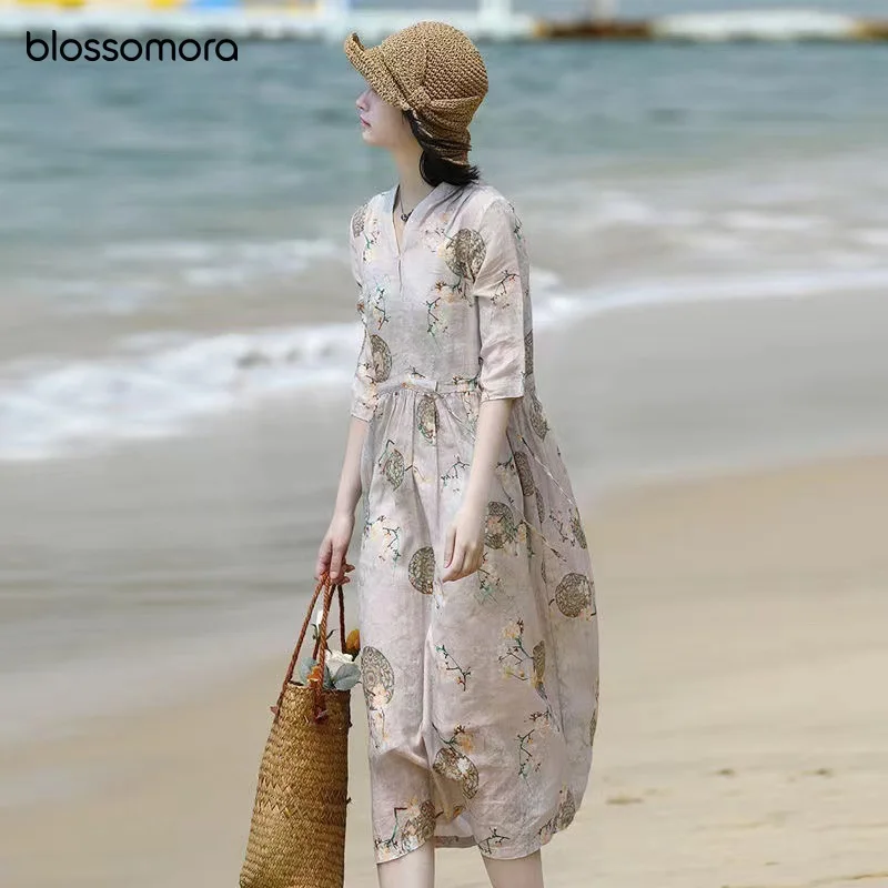 Женское платье-макси с цветочным принтом, V-образным вырезом и длинным рукавом 
Женское платье-макси с цветочным принтом, V-образным вырезом и длинным рукавом