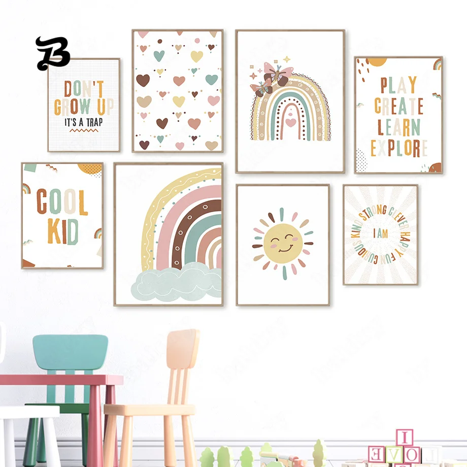 Colorful Rainbow Sun Butterfly Heart Canvas Painting Wall Art Cartoon Posters Prints Wall Pictures for Child Room Decoration
Colorful Rainbow Sun Butterfly Heart Canvas Painting Wall Art Cartoon Posters Prints Wall Pictures for Child Room Decoration