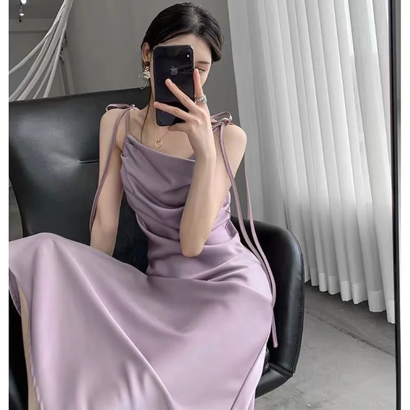 2023 Summer Elegant Sling Satin Dresses For Women Summer Sleeveless Folds Purple Long Dress Vestidos
2023 Summer Elegant Sling Satin Dresses For Women Summer Sleeveless Folds Purple Long Dress Vestidos
