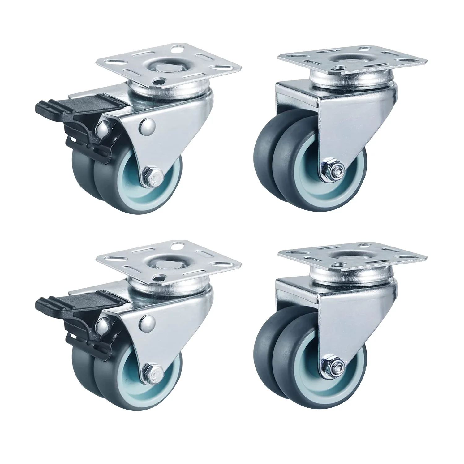 Набор из 4 двойных роликов с тормозом, 50 мм, Стандартные ролики с тормозом, вращение до 400 кг, без шума
Набор из 4 двойных роликов с тормозом, 50 мм, Стандартные ролики с тормозом, вращение до 400 кг, без шума