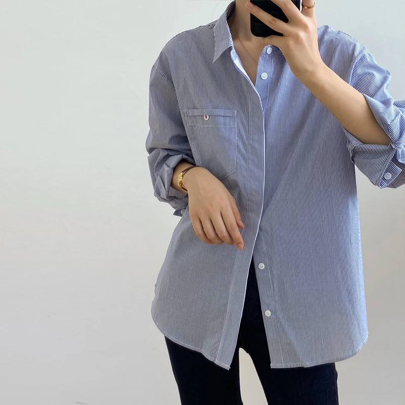 

Женские полосатые рубашки Johnature, повседневные простые свободные универсальные корейские блузки с отложным воротником для весны и лета, 2023