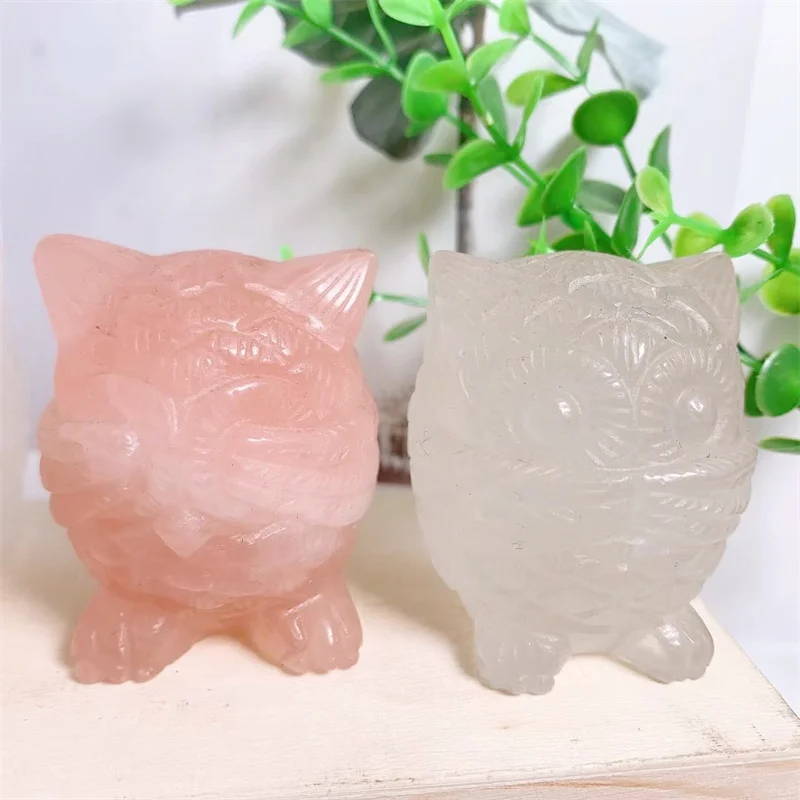 

5.3cm Natural Rose Quartz Crystal Owl Carving Animal Statue Healing Reiki Mineral Gem Figurine Crafts For Home Decoration 1pcs