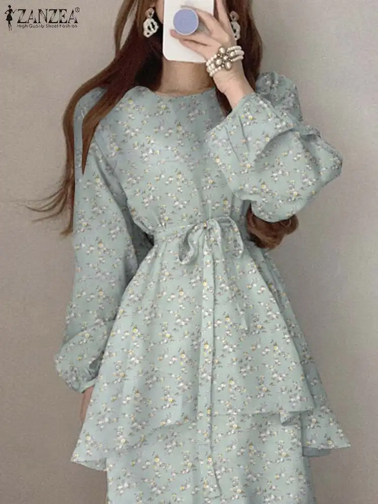 

ZANZEA Bohemian Midi Dress Korean Puff Sleeve Floral Print Dresses Women Fashion Elegant Belted Layered Ruffled Hem Vestidos