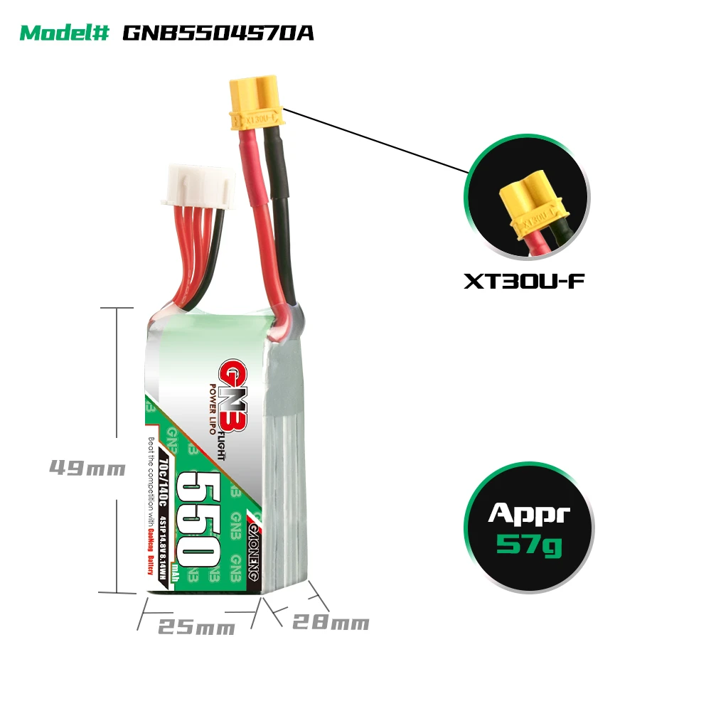 Gaoneng GNB 4S1P 550mAh 14.8V 70C/140C Light Weight Lipo Battery XT30 XT60 Plug For FPV Racing Drone RC Quadcopter Helicopter
Gaoneng GNB 4S1P 550mAh 14.8V 70C/140C Light Weight Lipo Battery XT30 XT60 Plug For FPV Racing Drone RC Quadcopter Helicopter