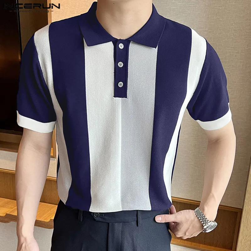 

Рубашка INCERUN мужская с отложным воротником и коротким рукавом, уличная одежда в Корейском стиле, повседневная трикотажная футболка для отдыха, 2023