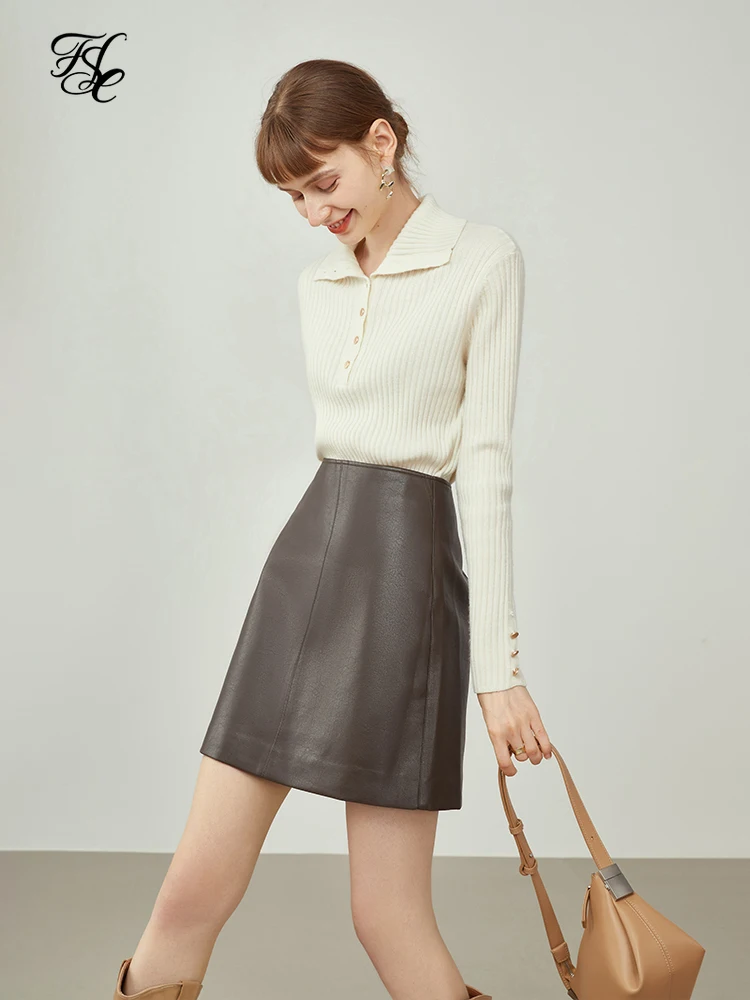 Фото Женская коричневая кожаная юбка FSLE зима 2021 новая Офисная мини-юбка А-силуэта