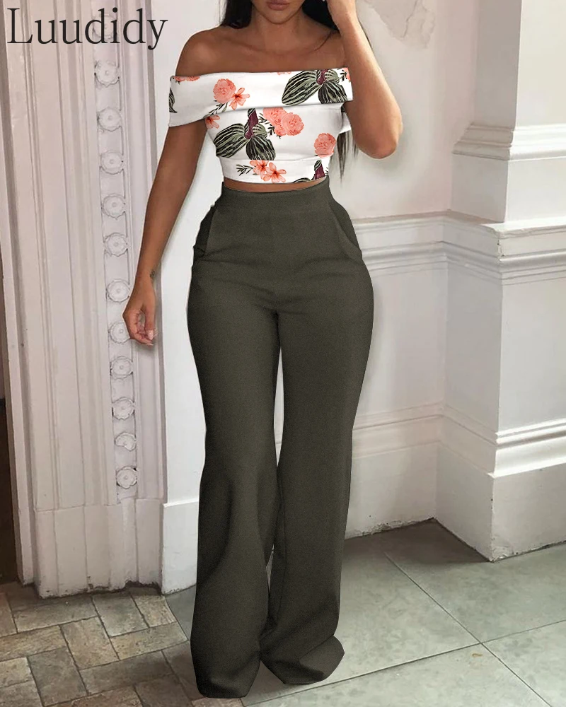 Women Fashion Off Shoulder Short Sleeve Crop Top & High Waist Pants Set Flare Pants Set
Women Fashion Off Shoulder Short Sleeve Crop Top & High Waist Pants Set Flare Pants Set