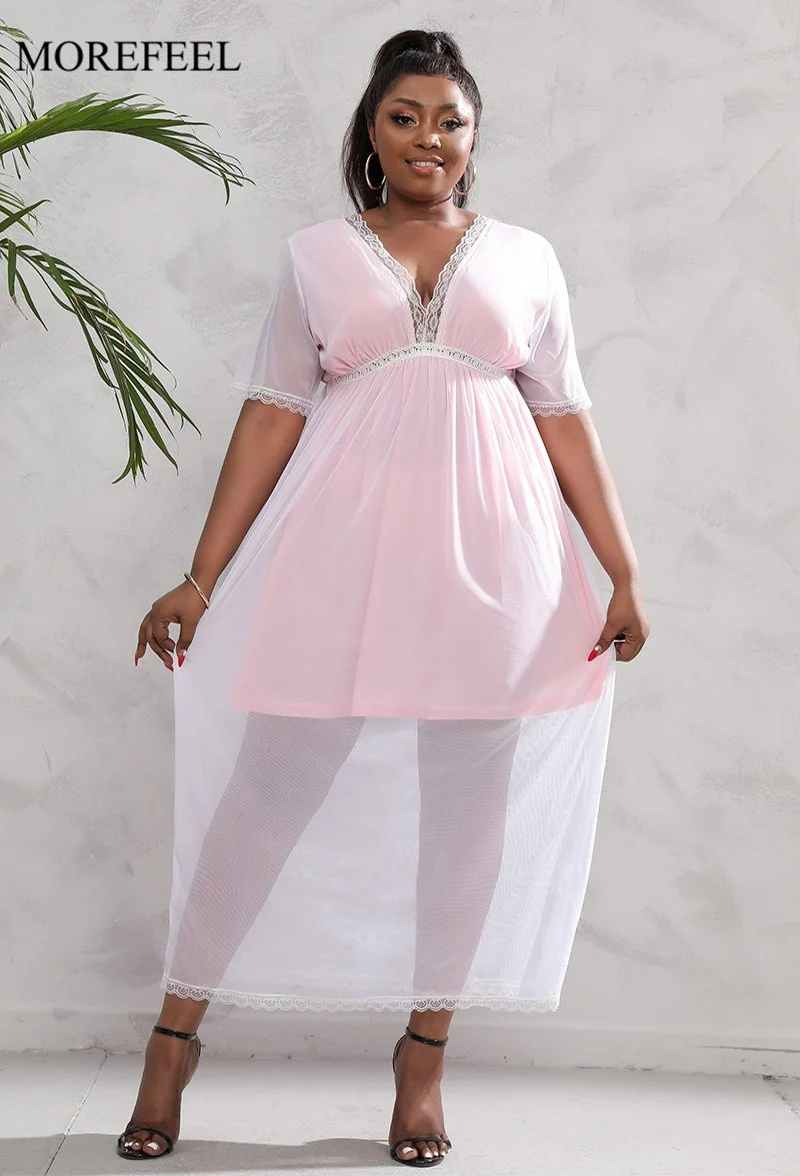 New Fashion Sexy Women Plus Size Dresses Pink V-neck Lace Female Home Loose Elegant Short Sleeve Casual Clothing
New Fashion Sexy Women Plus Size Dresses Pink V-neck Lace Female Home Loose Elegant Short Sleeve Casual Clothing