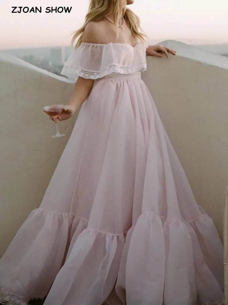 

2022 Bridal Shower Pink Spliced Lace Off Shoulder Organza Ball Gown Dress Women Tie Bow Sashes Maxi Long Dresses Fairy Vestidos