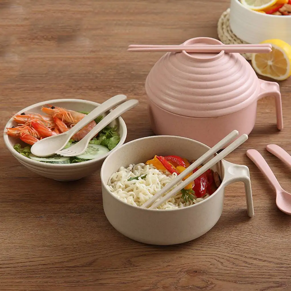 

1 Set Wheat Straw PP Instant Noodles Bowl With Lid Noodle Soup Bowl With Chopsticks Spoon Fork Durable Kitchen Tableware Set