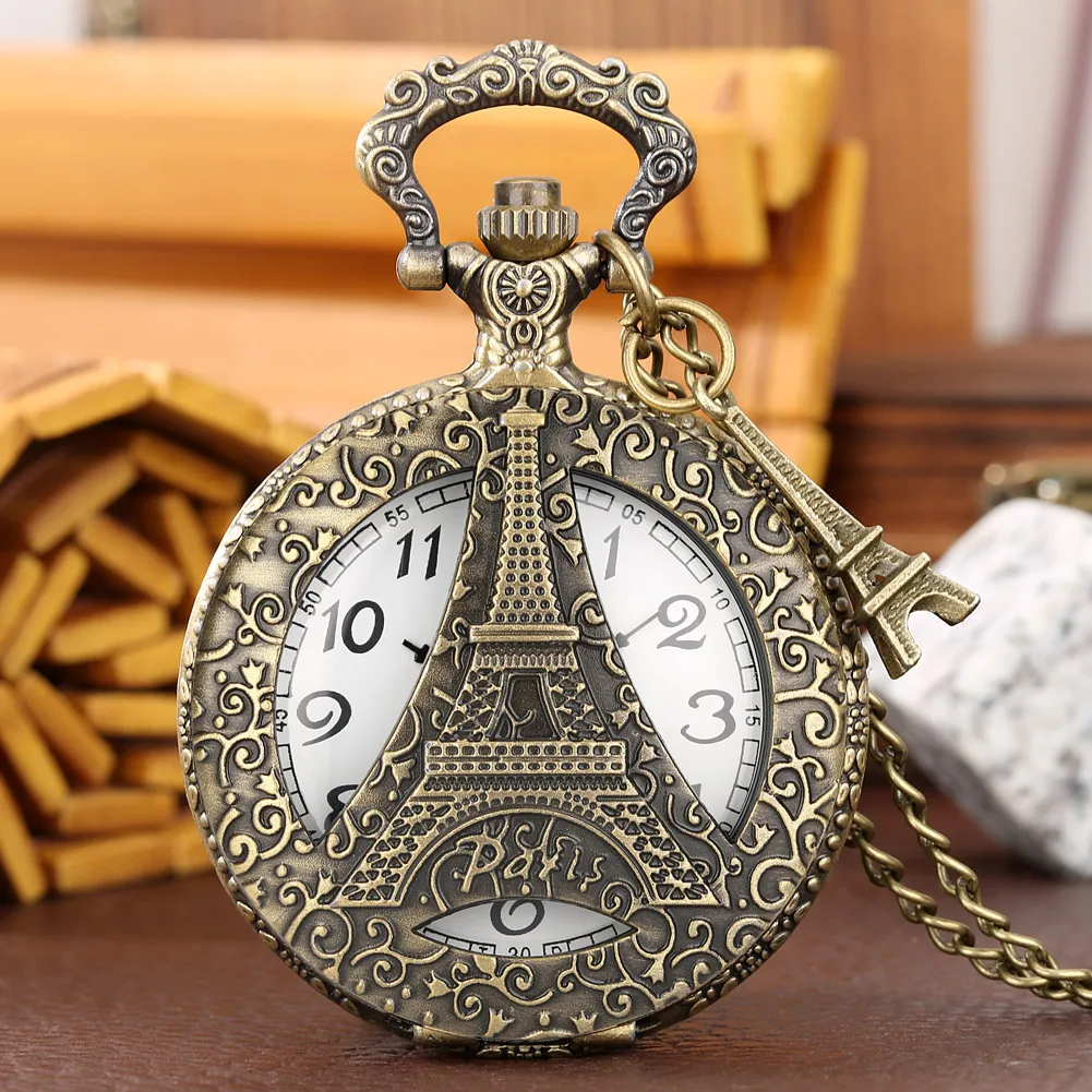 

Openwork Eiffel Tower Pattern Retro Pendant Necklace Clock Bronze Quartz Pocket Watch with Accessory White Arabic Numerals Dial