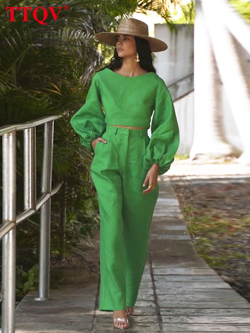 TTQV Elegant Loose Green Two Piece Set For Women Fashion Puff Sleeve O-neck Crop Top And High Waisted Straight Pants Female Sets
TTQV Elegant Loose Green Two Piece Set For Women Fashion Puff Sleeve O-neck Crop Top And High Waisted Straight Pants Female Sets