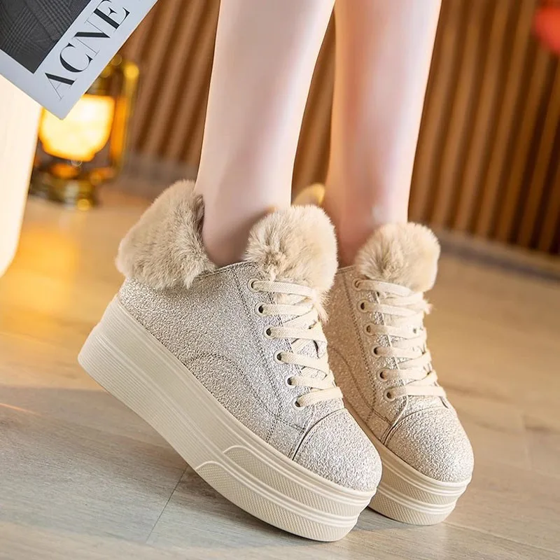 

Winter Thick-soled Womens Height-increasing Warm Sneakers Furry Warm Heels Winter Shoes Plush Winter Females Ankle Booties 35-39