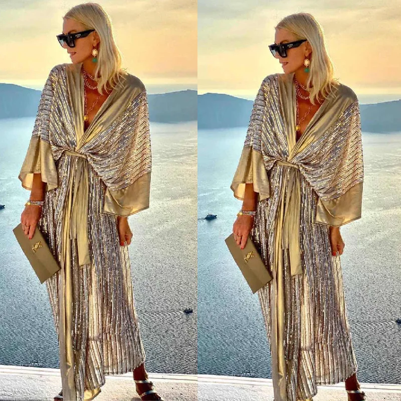 2023 Vintage Sequin Dresses Women Kimono Cardigan Summer Batwing Sleeve Maxi Long Party Dress Elegant V-neck Evening Dress gold
2023 Vintage Sequin Dresses Women Kimono Cardigan Summer Batwing Sleeve Maxi Long Party Dress Elegant V-neck Evening Dress gold