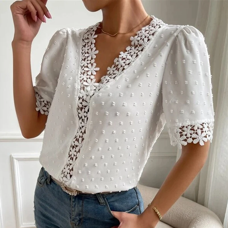 V-neck Fashion Lace Shirts Summer 2023 Sweet Floral Chiffon Blouse Women Short Sleeve Tops Ladies Casual Clothes Elegant 25713
V-neck Fashion Lace Shirts Summer 2023 Sweet Floral Chiffon Blouse Women Short Sleeve Tops Ladies Casual Clothes Elegant 25713