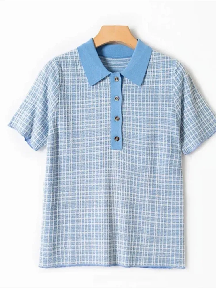 Short Sleeve Knitted Sweater Women Turn-Down Collar Striped with Half Open Buttons Ladies Plaid Knitwear Pullover Tops
Short Sleeve Knitted Sweater Women Turn-Down Collar Striped with Half Open Buttons Ladies Plaid Knitwear Pullover Tops