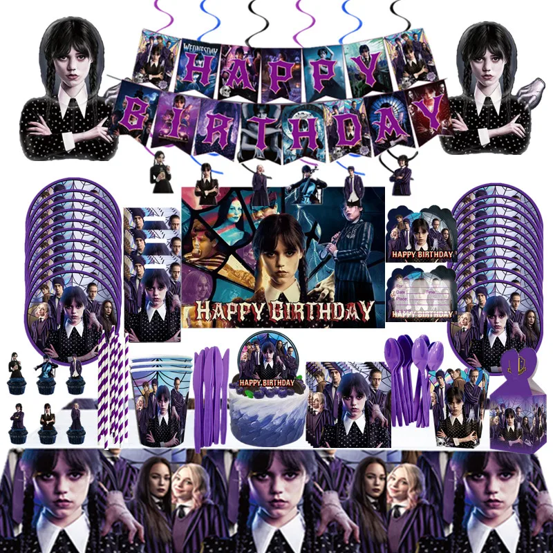 

Horrible Movie Wednesday Addams Birthday Party Decoration Wednesday Tableware Banner Balloon Backdrop Baby Shower Party Supplies