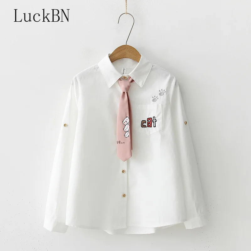 Cotton Women Cartoon Cat Embroidery White Shirt Turn-Down Collar Button Up Cute School Girls Blouse With Pink Tie Feminina Blusa
Cotton Women Cartoon Cat Embroidery White Shirt Turn-Down Collar Button Up Cute School Girls Blouse With Pink Tie Feminina Blusa