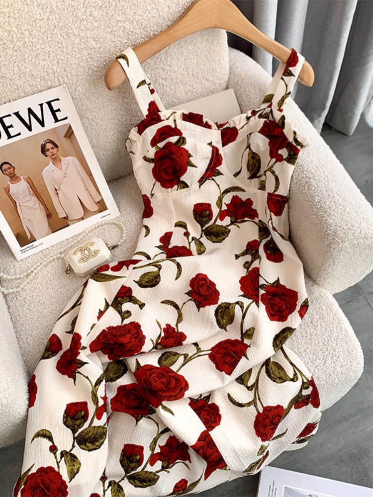 Women Dress Elegant Party Strap French Style Vintage Rose Print High Waist Stunning Midi Dress Designer Women Fashion Summer 
Women Dress Elegant Party Strap French Style Vintage Rose Print High Waist Stunning Midi Dress Designer Women Fashion Summer