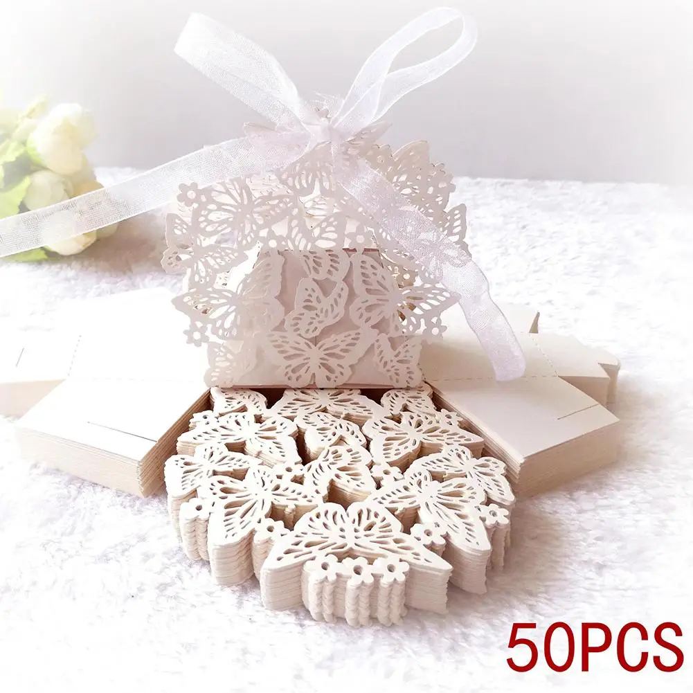

50pcs Laser Cut Butterfly Carriage Favor Gift Candy Box With Ribbon Packaging Box Baby Shower Wedding Party Favor Decoration