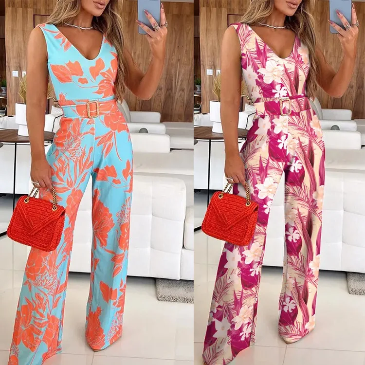 New Women's Two Piece Fashion Summer Women's Printed V-Neck Sleeveless Slim Sexy Bodysuit Wide Leg Pants with Belt
New Women's Two Piece Fashion Summer Women's Printed V-Neck Sleeveless Slim Sexy Bodysuit Wide Leg Pants with Belt