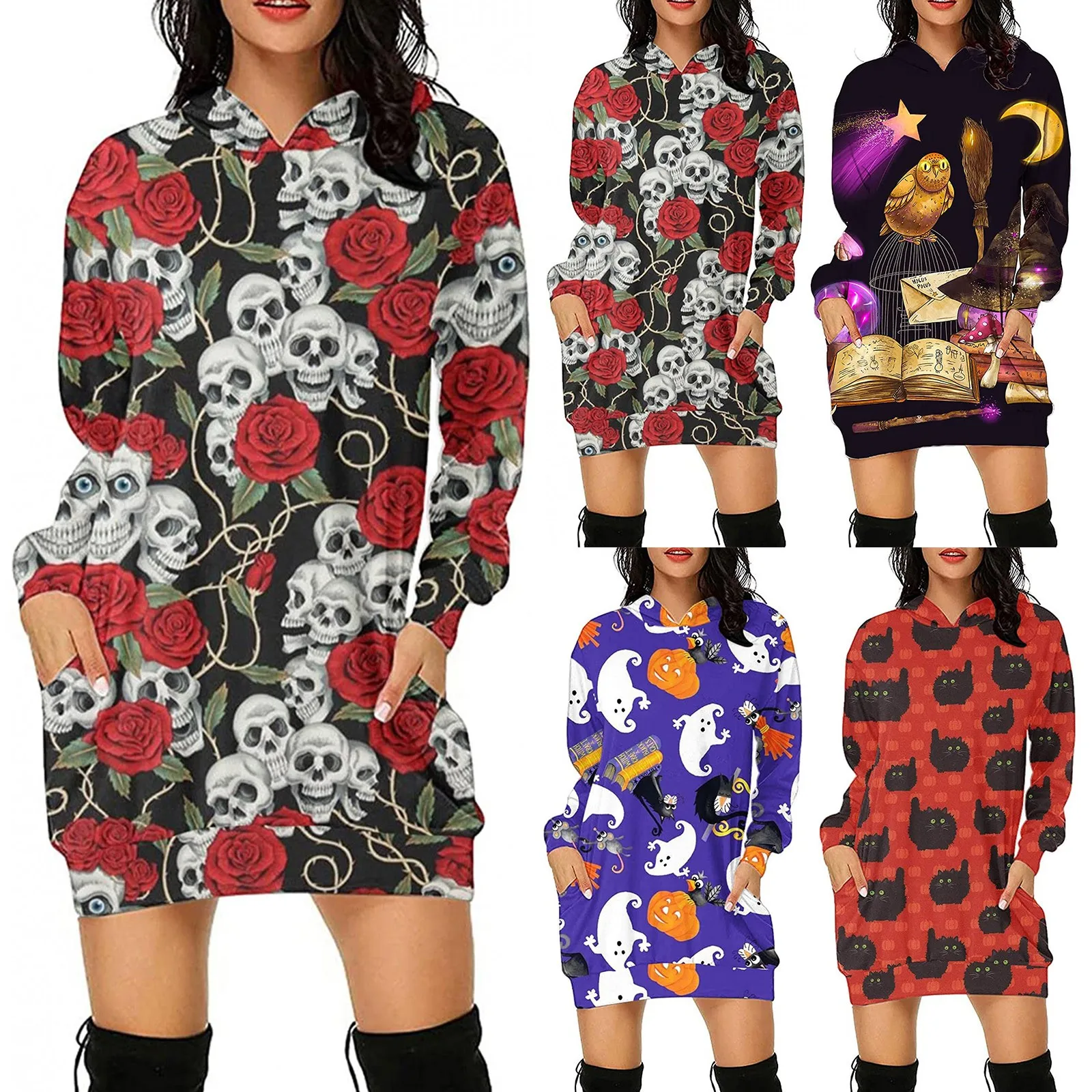 Women's Hoodies Sweatshirts Halloween Clothes New Skeleton Skull Pumpkin Bat Print Bag Hip Dresses Autumn Hooded Mini Dress 2022 
Women's Hoodies Sweatshirts Halloween Clothes New Skeleton Skull Pumpkin Bat Print Bag Hip Dresses Autumn Hooded Mini Dress 2022