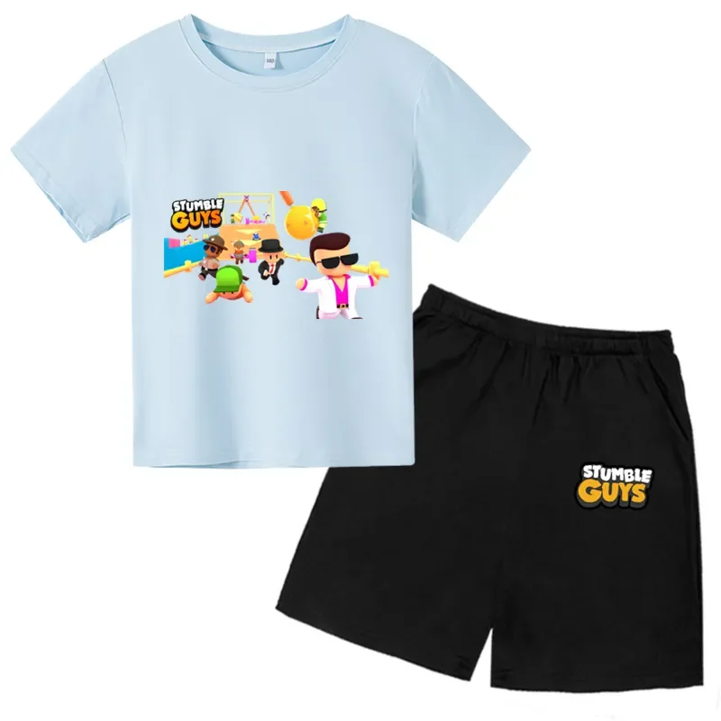 

Boys Summer Game Stumble Guys Cartoon Print Summer Casual T Shirt Set Boys Girls Sports Suit Short Sleeve 4T-14T Kids Tops Sets