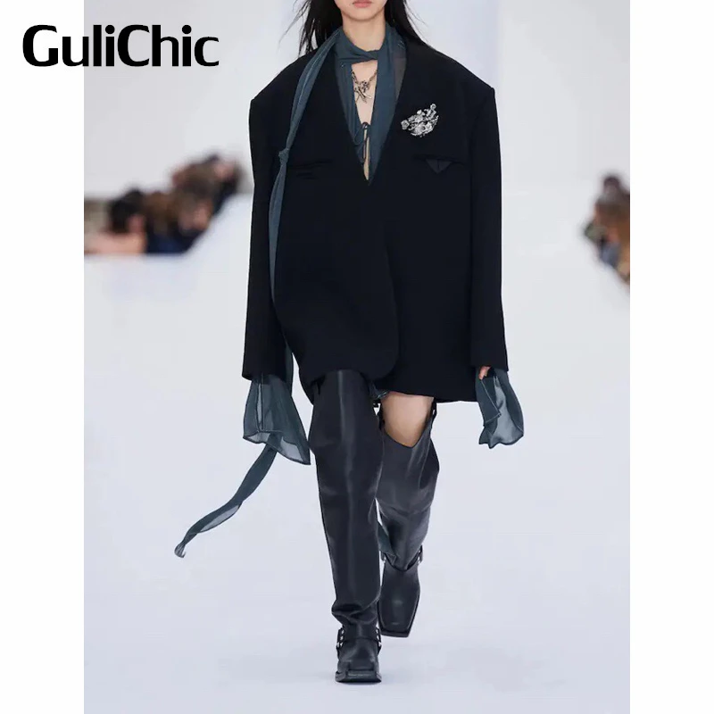

10,14 GuliChic женский модный однотонный пиджак с отложным воротником, приталенный шерстяной пиджак средней длины со скрытым рядом пуговиц