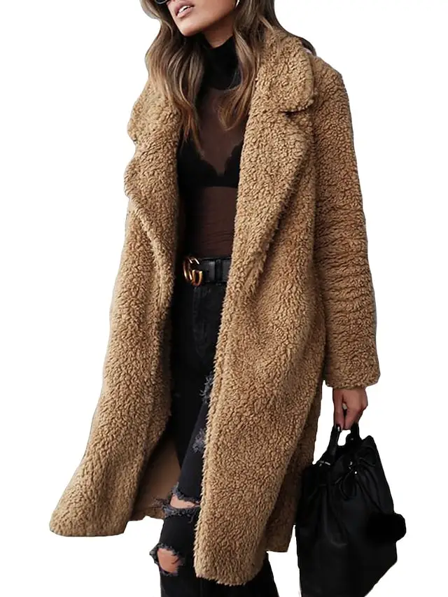 

Plus Size Teddy Coat Classic Solid Color Long Sleeve V Neck Long Fall Winter Dark Camel ArmyGreen caramel colour S M L XL XXL /