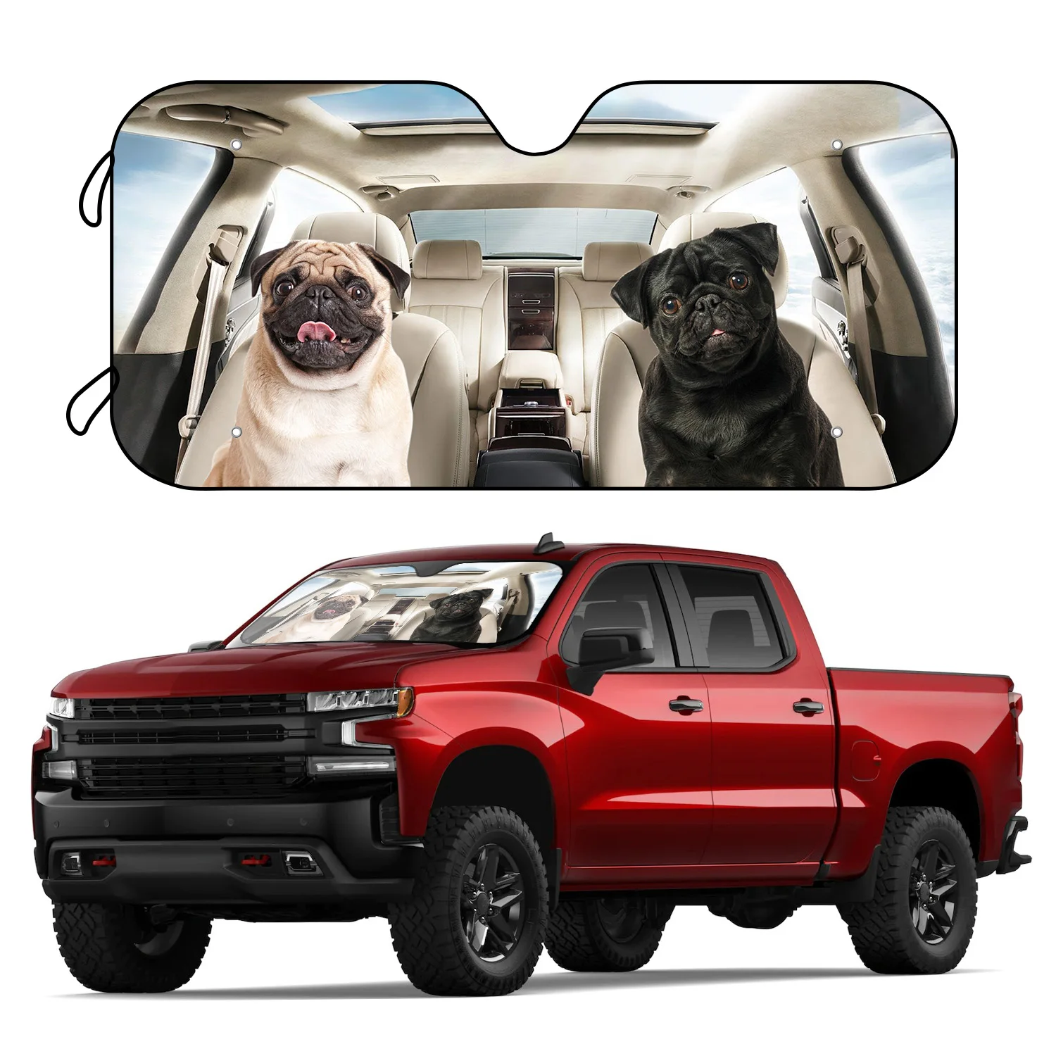 

1pc Car Windshield Sun Shade With 4 Free Suction Cups Pug Heat And Sun Prevention Keep Car Cool 57*27.5in/145*70cm For Most SUV