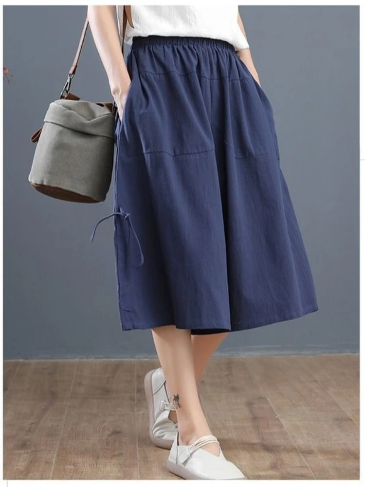 

Pants Wide Elastic Waist Loose Women's Color Bloomers Large Leg Waist Size Summer Casual Culottes Cropped Solid Middle Pants