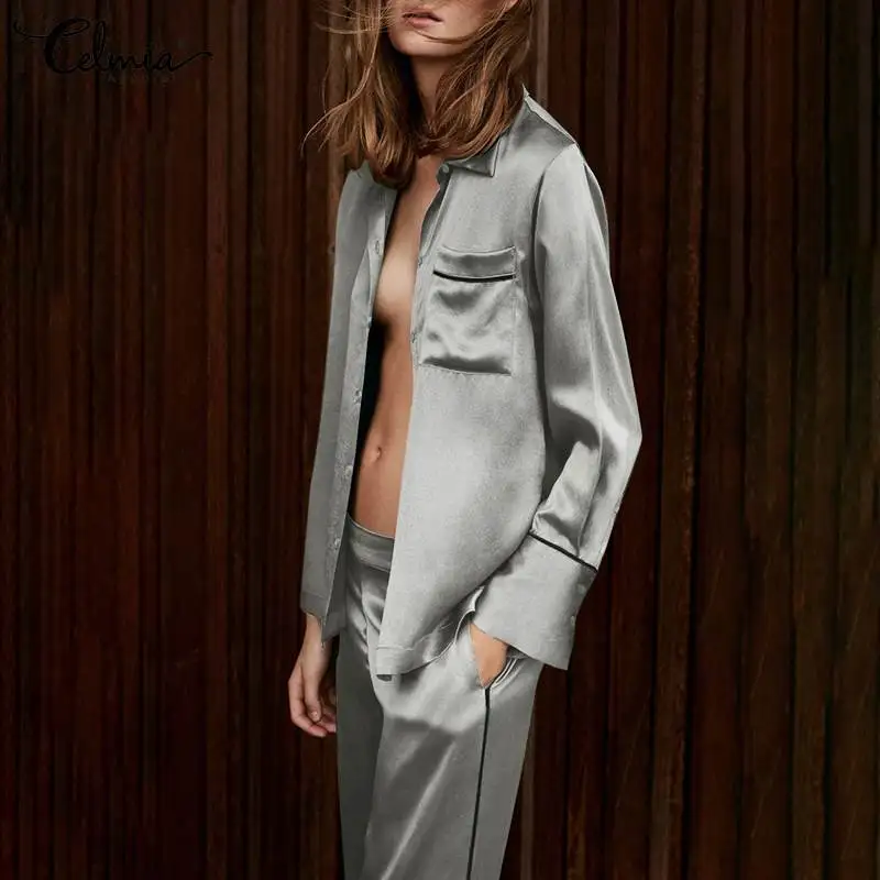 Celmia Autumn Lapel Long Sleeves Tops and Long Pant 2022 New Satin Sleepwear 2 Pieces Pajama Set Contrast Color Pocket Nightgown
Celmia Autumn Lapel Long Sleeves Tops and Long Pant 2022 New Satin Sleepwear 2 Pieces Pajama Set Contrast Color Pocket Nightgown