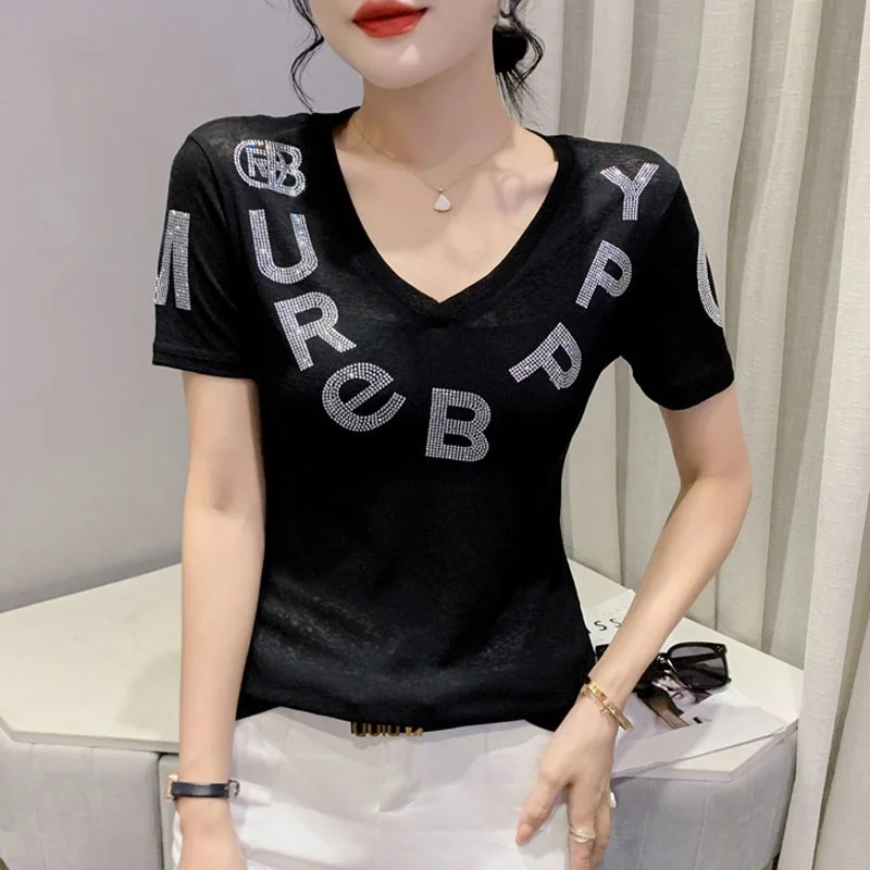 #5280 Diamonds Letters Tight T Shirt Women V-neck Korean Fashion Short Sleeve T Shirt Female Thin Elastic Cotton Women's T-shirt
#5280 Diamonds Letters Tight T Shirt Women V-neck Korean Fashion Short Sleeve T Shirt Female Thin Elastic Cotton Women's T-shirt