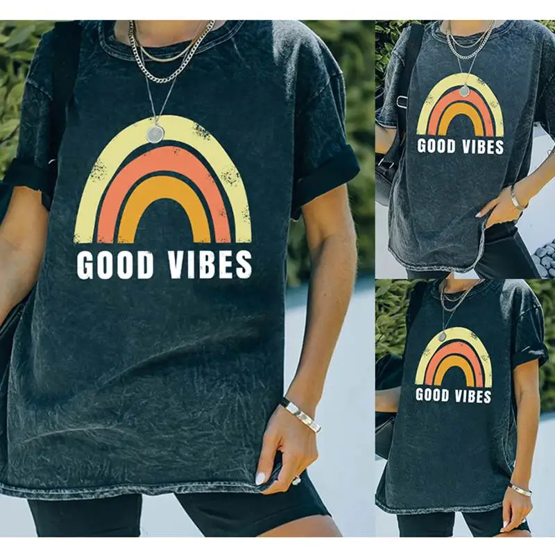 New summer wash old tie-dye fashion loose retro round neck women's short-sleeved T-shirt GOODVIBES letter printing
New summer wash old tie-dye fashion loose retro round neck women's short-sleeved T-shirt GOODVIBES letter printing