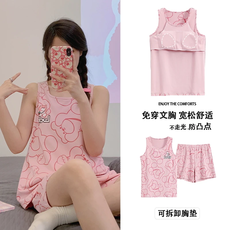 Cotton Pajama for Women Summer Sleepwear Sets Girls Cute Bear Sweet Home Suit Shorts Sheeveless Casual Set With Chest pads
Cotton Pajama for Women Summer Sleepwear Sets Girls Cute Bear Sweet Home Suit Shorts Sheeveless Casual Set With Chest pads
