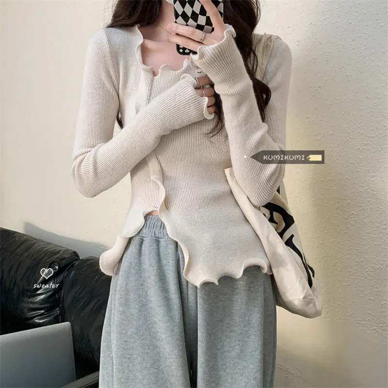 Chic Women Long Sleeve Skew Collar Knitted Thin Tees Korean Irregular Slim Fit T Shirts Y2k Women Ruffled Solid All Match Tops 
Chic Women Long Sleeve Skew Collar Knitted Thin Tees Korean Irregular Slim Fit T Shirts Y2k Women Ruffled Solid All Match Tops