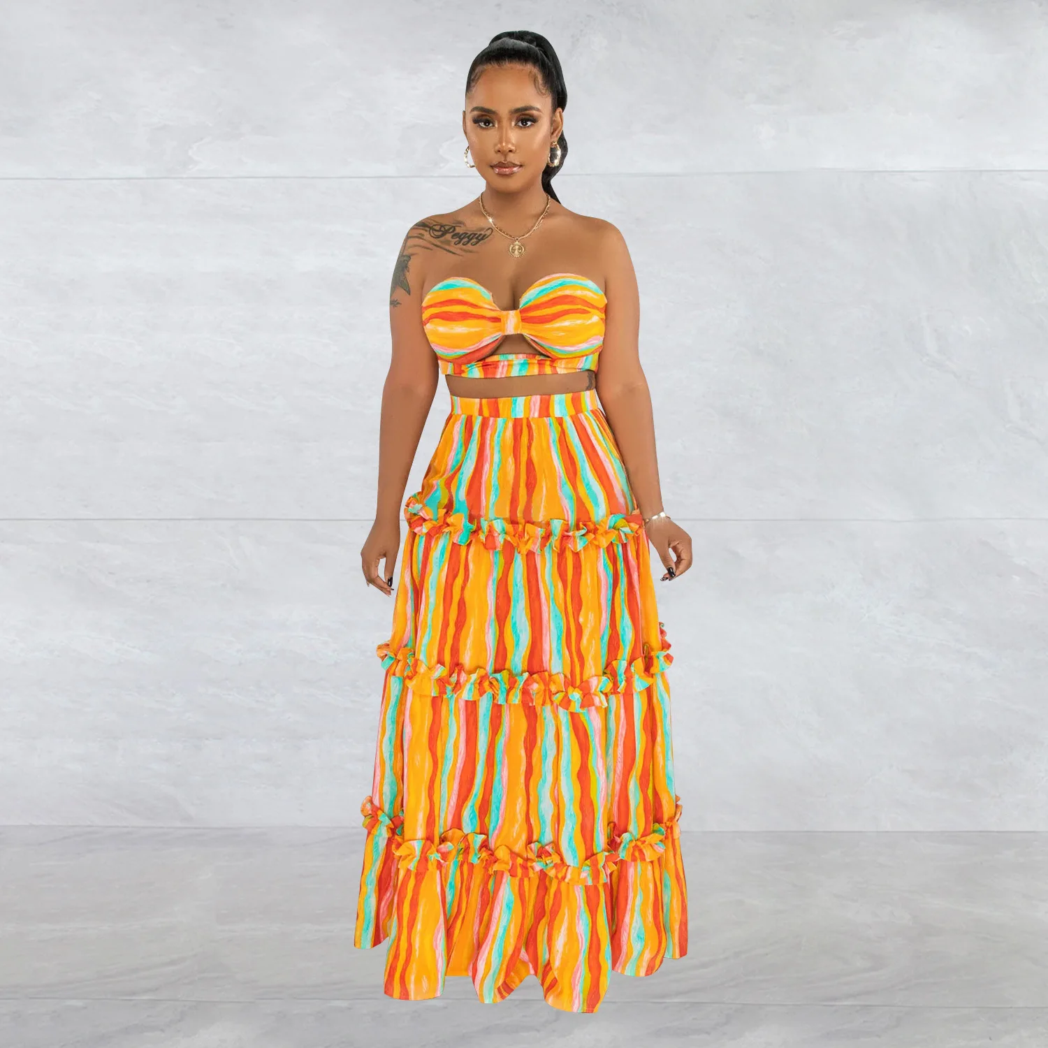 Women Colorful Striped Tirred Big Swing Maxi Long Skirt Suit and Cutout Strapless Crop Top Matching Two 2 Piece Set Chic Outfits
Women Colorful Striped Tirred Big Swing Maxi Long Skirt Suit and Cutout Strapless Crop Top Matching Two 2 Piece Set Chic Outfits