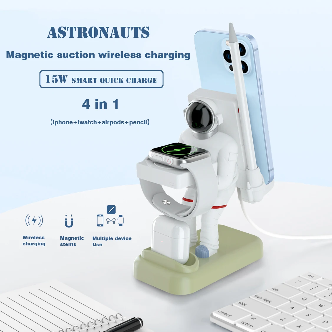 4 in 1 Astronaut 15W Fast Wireless Charger Clock Pad for iPhone 14 13 Wireless Charging Stand for Apple Watch 7 6 SE AirPods Pro
4 in 1 Astronaut 15W Fast Wireless Charger Clock Pad for iPhone 14 13 Wireless Charging Stand for Apple Watch 7 6 SE AirPods Pro