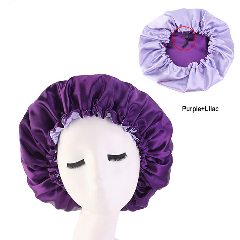 

Women Night Sleep Hair Caps Silky Bonnet Satin Double Layer Adjust Head Cover Hat For Curly Springy Hair Styling Accessories