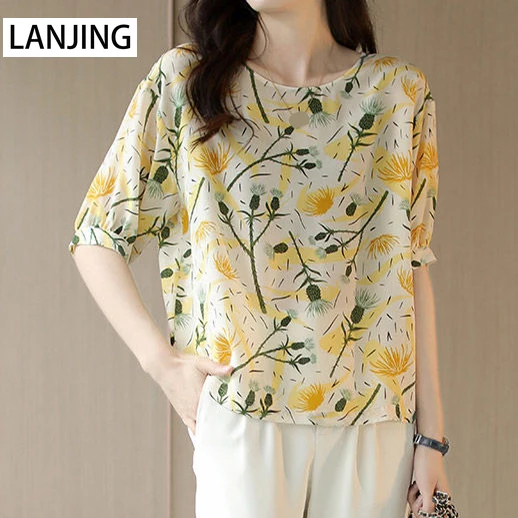 Floral five-point sleeve loose chiffon shirt ladies 2022 summer new Korean round neck sleeve printing top sexy blouse Print
Floral five-point sleeve loose chiffon shirt ladies 2022 summer new Korean round neck sleeve printing top sexy blouse Print