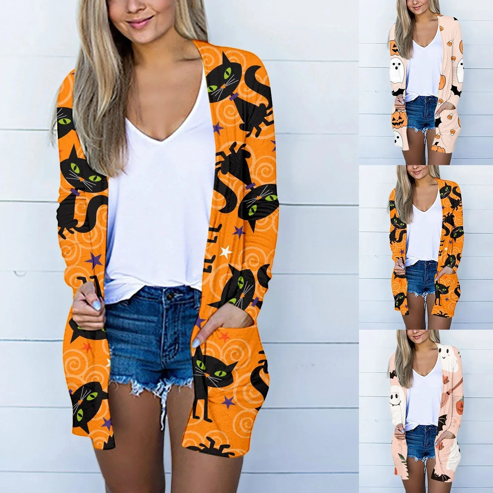 Women's Long Sleeved Buttonless Halloween Printed Medium Length Thin Cardigan Dark Open Sweater
Women's Long Sleeved Buttonless Halloween Printed Medium Length Thin Cardigan Dark Open Sweater