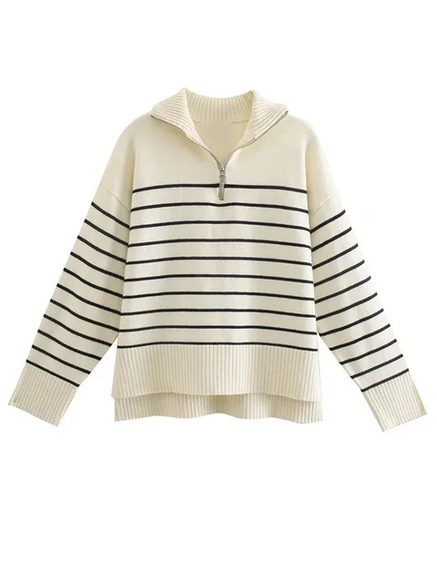 Women Fashion Loose Striped Asymmetry Knitted Sweaters Vintage Long Sleeve Zip-up Female Pullovers Chic Tops coats
Women Fashion Loose Striped Asymmetry Knitted Sweaters Vintage Long Sleeve Zip-up Female Pullovers Chic Tops coats