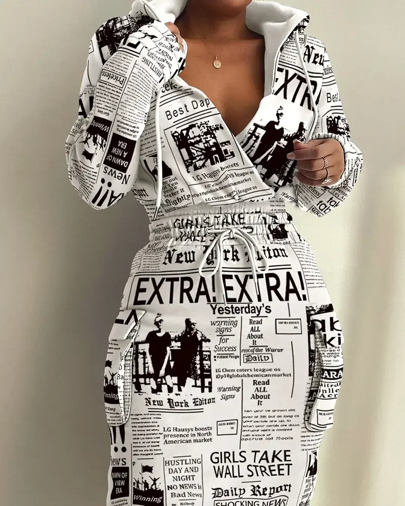Lapel Long-sleeved Women's Dresses 2022 Spring Summer New Casual Newspaper Print Drawstring Waist Hooded Sweatshirt Dress
Lapel Long-sleeved Women's Dresses 2022 Spring Summer New Casual Newspaper Print Drawstring Waist Hooded Sweatshirt Dress