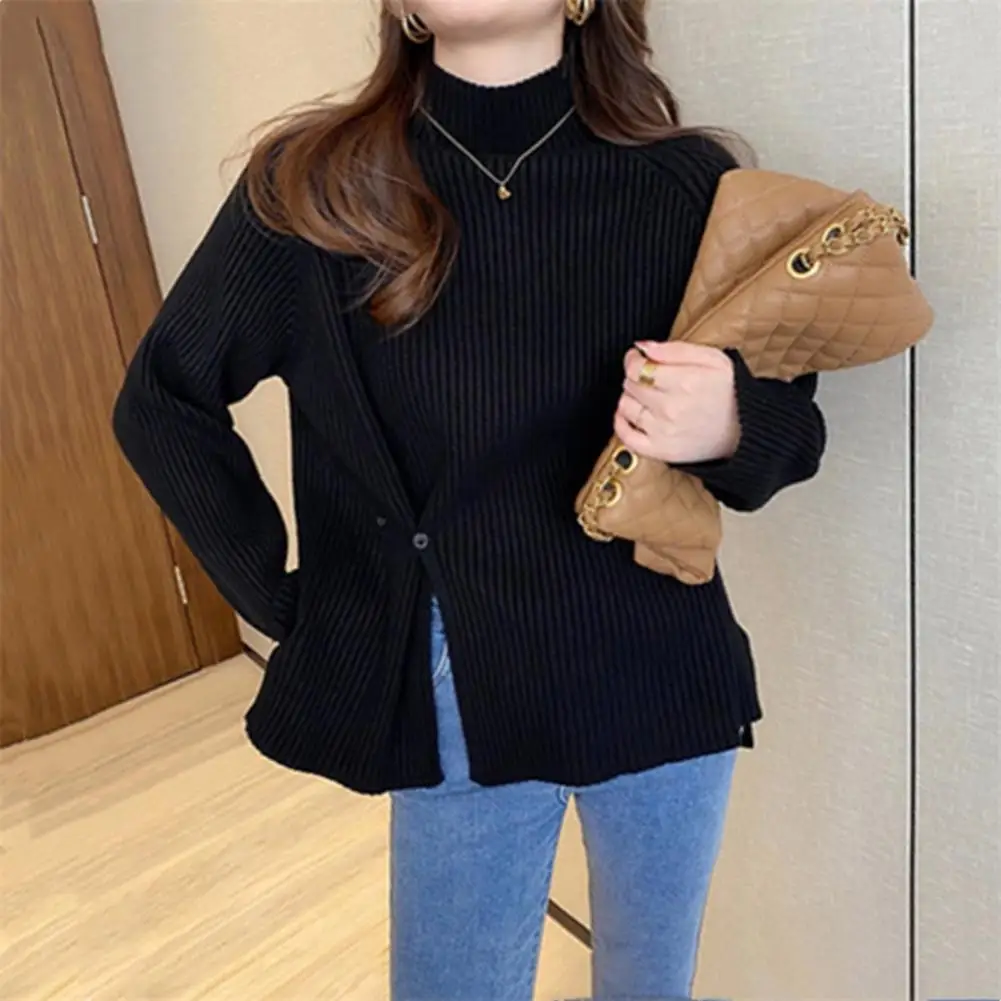 

Женский свитер с высоким воротником и длинными рукавами, асимметричный женский свитер в рубчик с разрезом и пуговицами, зимний однотонный Свободный теплый свитер, джемпер